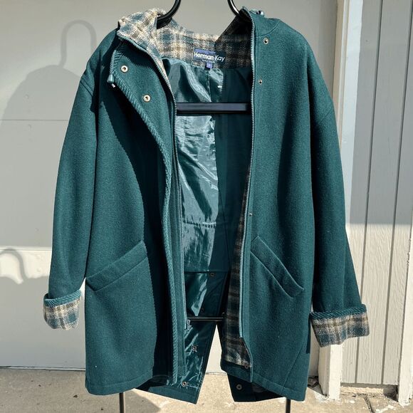 Vintage 80s Herman Kay Forest Green Plaid Hooded Wool Winter Coat, SZ 8 - Picture 8 of 10